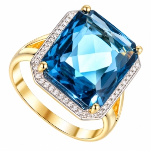 Złoty Pierścionek z Topazem London Blue 16,9 ct i Naturalnymi Diamentami 585 – Szlif Szmaragdowy