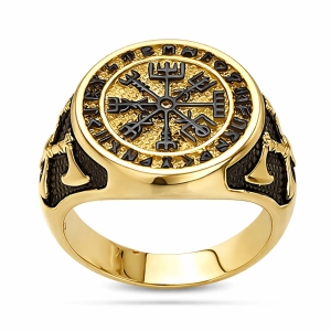 Złoty Sygnet Męski Vegvisir z Runiczną Ornamentyką 585 – Czarne Rodowanie